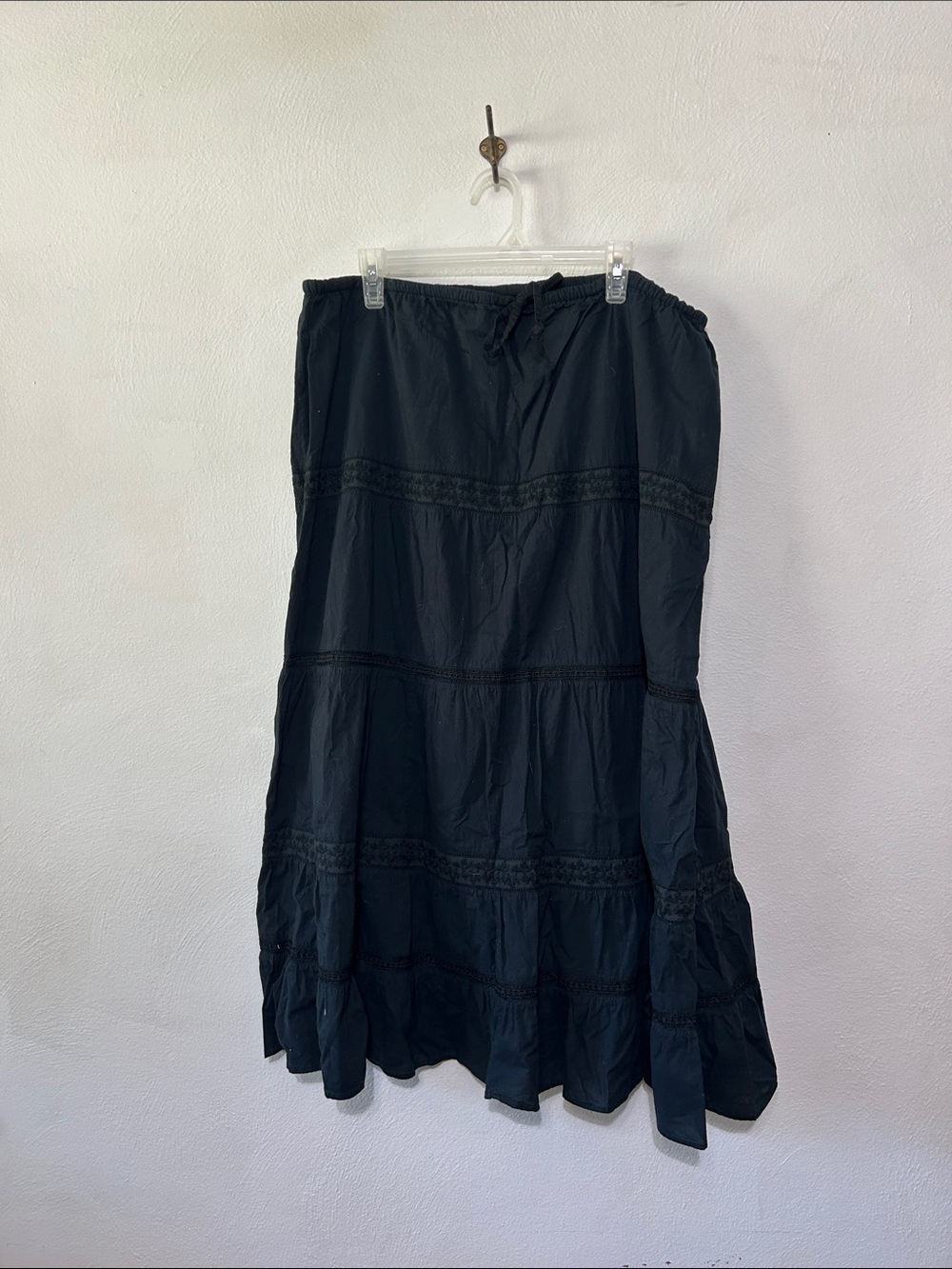 100% Cotton Black Tiered Maxi Skirt Elastic Waist